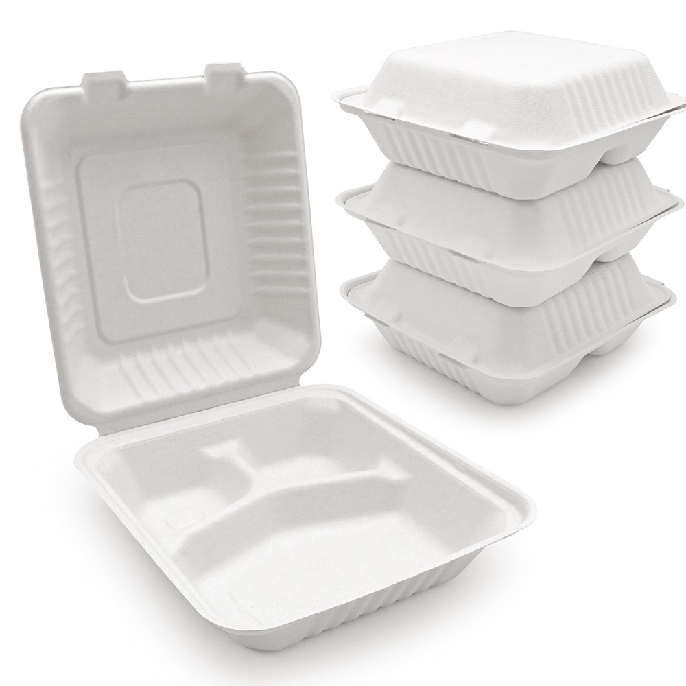 SH08_¦__½_(1) 100% Compostable Clamshell To Go Boxes For Food 8X8" 3-Compartment Disposable Take Out Containers, Made of Biodegradable Sugar Cane, Eco-Friendly Bagasse, Heavy-Duty ToGo Containers For Food